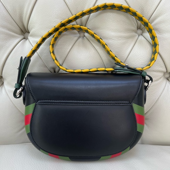 New Gucci Crossbody Embossed Black Leather Braided Yellow Bag Logo - Picture 6 of 11
